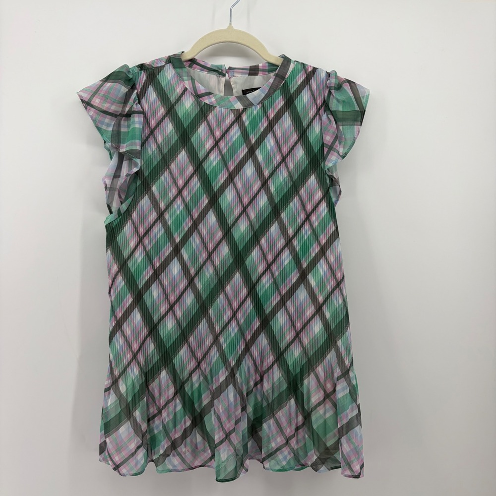 Ann Taylor Womens L Green Pink Plaid Ruffle Cap Sleeve Pleated Chiffon Blouse